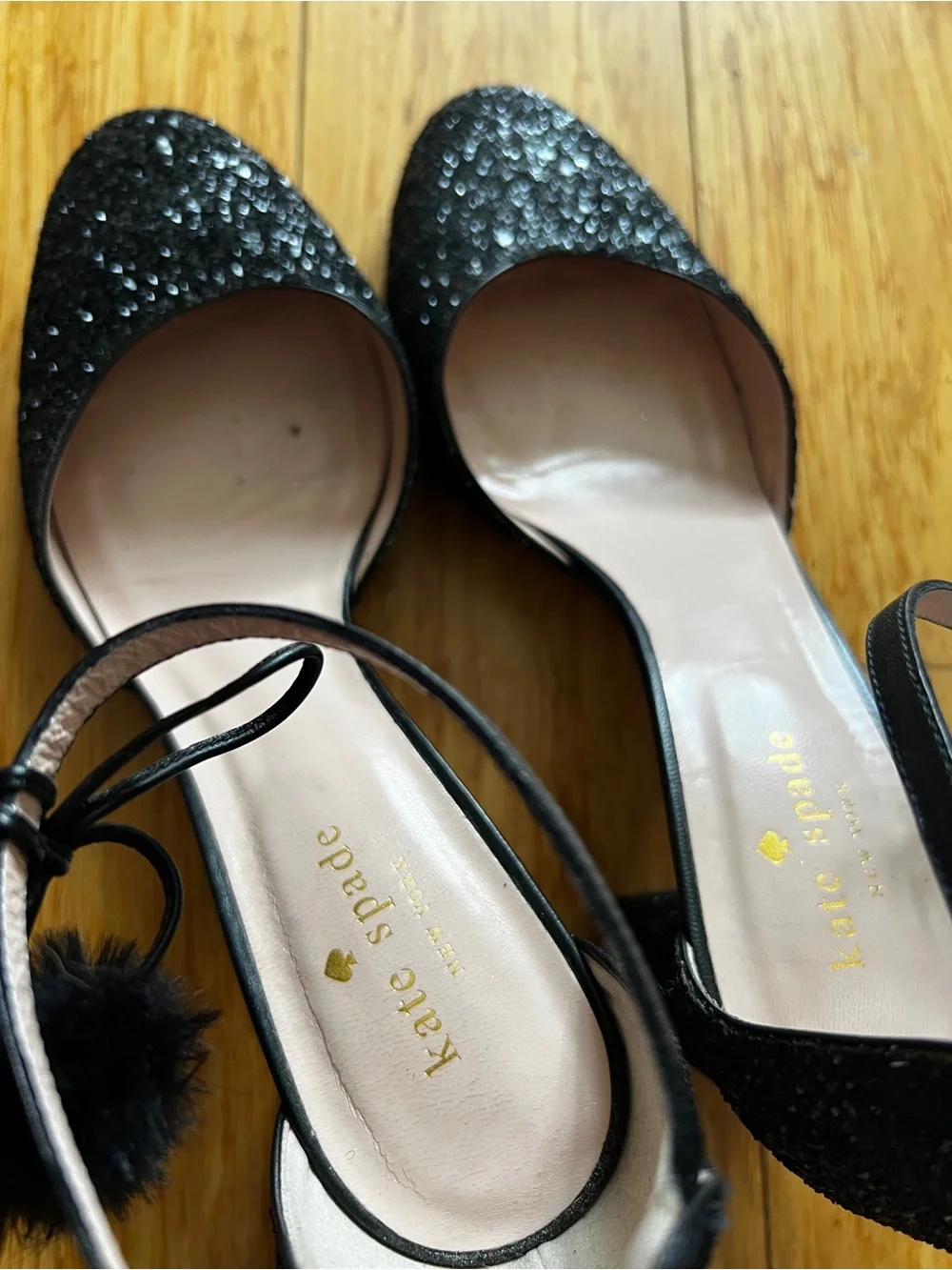 kate spade Abigail Black Glitter Ankle-Strap Block Heels with Pom Pom